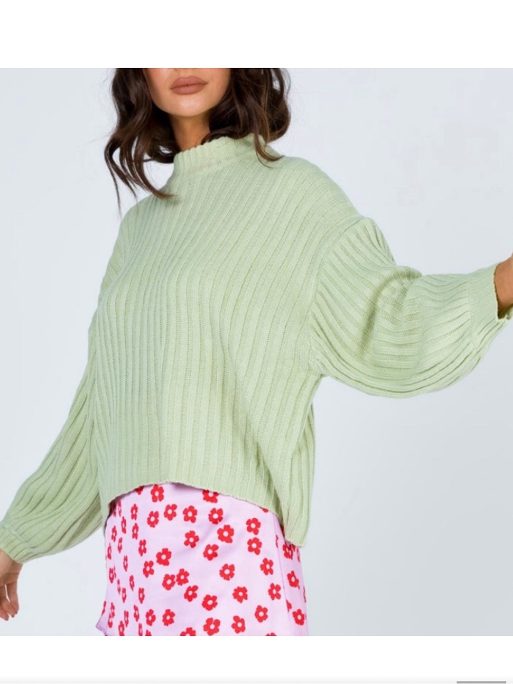 Light Green Ribbed Long balloon Sleeve Sweater Mock Neck Interbloom